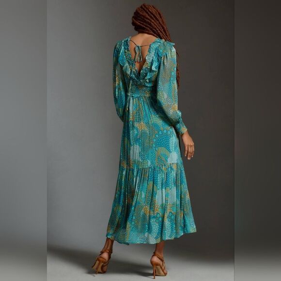 Anthropologie Odetta Ruffle V-Neck Midi Dress In Turquoise Size Extra Small NWT - Picture 8 of 8